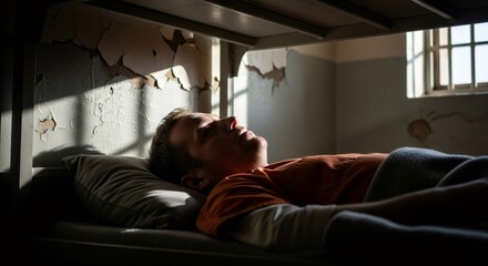Fototapeta premium Man in an orange uniform lying in a bunk bed in a prison cell, with sun rays from a barred window. Concept of incarceration and life inside a correctional facility.