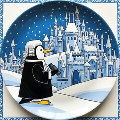A whimsical plate features a penguin in a judge's robe holding binoculars, with a snowy castle backdrop