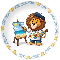 A whimsical plate featuring a cartoon lion painter, with a beret and palette, painting a sunny beach scene. Decorative border