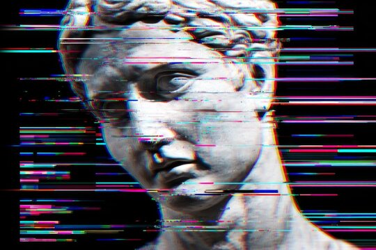 Classical statue head portrait shows digital screen distortion with vibrant horizontal color bands against a dark background. - Powered by Adobe