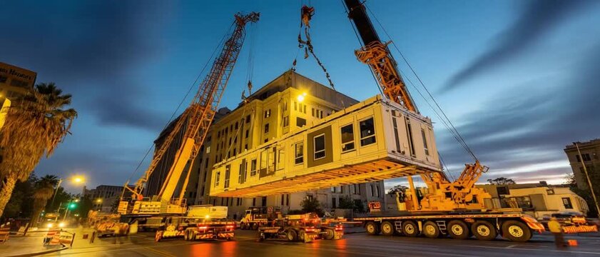Building Assembly: Two cranes work in unison, meticulously maneuvering a modular structure into place at a construction site.