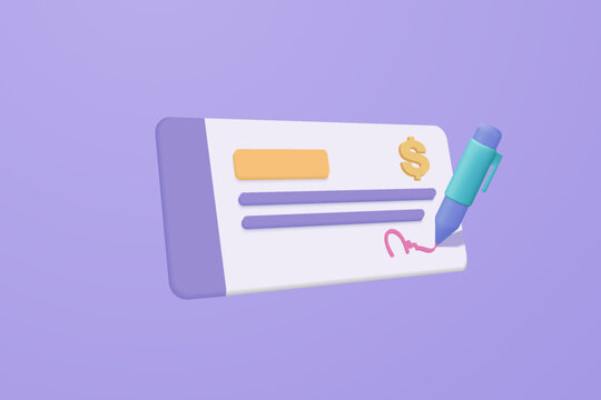 3D bank cheque with pen, fund transfer, business invoice bill, banking payment receipt. Composition with financial annual accounts, calculating and paying invoice. 3d icon vector render illustration