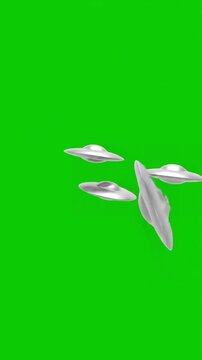Abstract Sci-Fi Object Rotation with 3d rendered animation of flying saucers on green screen distortion, overlay, glitch, static noise, scan lines black background, 4k animated video loop