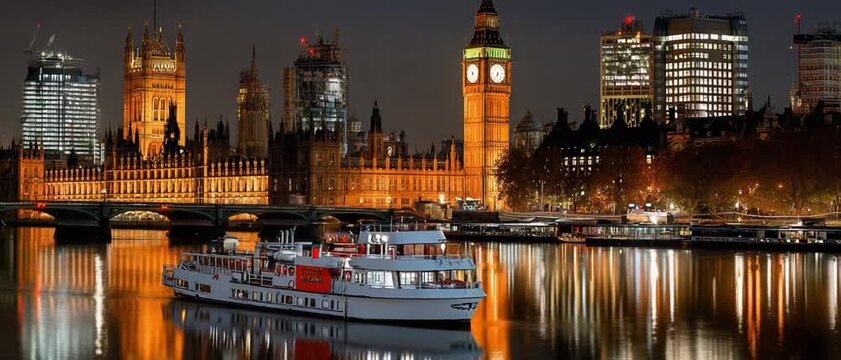 London's Illuminated Nightscape: A captivating night view unfolds in London, where the iconic Big Ben and Palace of Westminster shimmer alongside the serene Thames River.