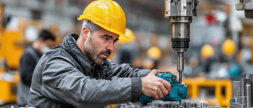 Precision in Action: A skilled worker, clad in safety gear, meticulously operates machinery in a modern factory setting. The image captures the focus and precision required in industrial processes.