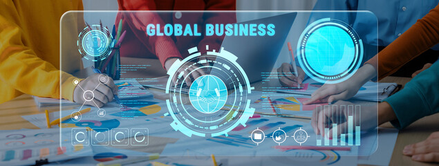 A diverse team collaborates to innovate and analyze global business strategies, surrounded by charts and data visuals that drive corporate success and growth. Trope