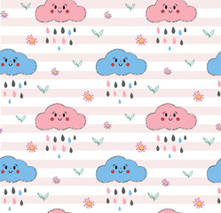 sweet clouds and hearts with striped pink background. pastel design, seamless pattern with a playful and dreamy feel, perfect for kids' textiles, packaging. cute background for baby room decor