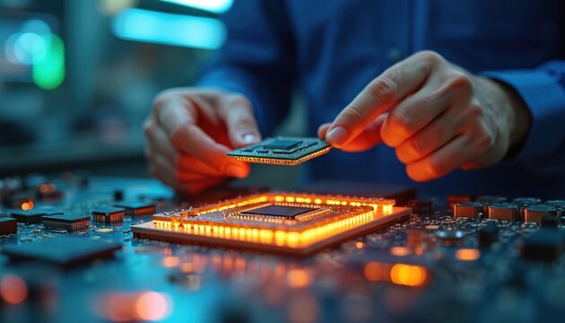 Technician holds processor above circuit board. Man works in tech laboratory with motherboard, microchips. Engineer checks hardware, tests computer electronics for performance, quality. Server