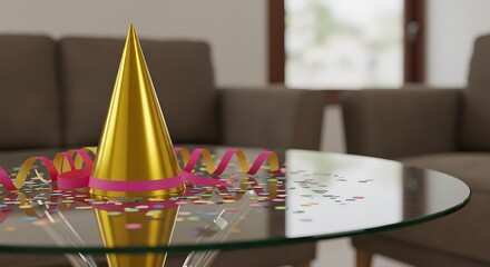 Golden party hat with confetti and ribbon on a reflective surface, celebrating a festive occasion