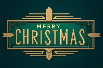 Emerald green background with gold art deco frame containing 'Merry Christmas' text
