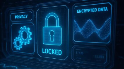 Futuristic digital interface showing encryption security with a padlock symbol, emphasizing privacy and data protection in a tech-centric world. - Powered by Adobe