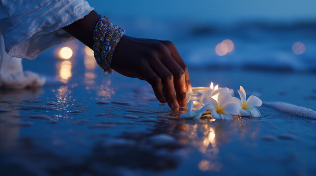Hands placing candle and flowers on Copacabana beach at dusk.