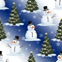 Obraz premium Festive Snowman and Christmas Tree Seamless Pattern for Winter Designs