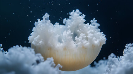 A glowing jellyfish drifts through the dark blue ocean, its bioluminescent tentacles creating mesmerizing light trails in the deep sea environment.