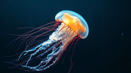 A glowing jellyfish drifts through the dark blue ocean, its bioluminescent tentacles creating mesmerizing light trails in the deep sea environment.