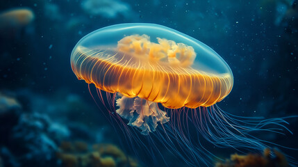 A glowing jellyfish drifts through the dark blue ocean, its bioluminescent tentacles creating mesmerizing light trails in the deep sea environment.