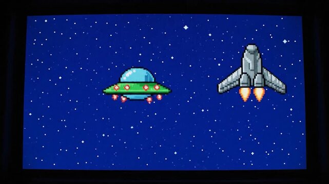 Pixelated illustration depicts a UFO and spaceship in space. Stars dot a deep blue background