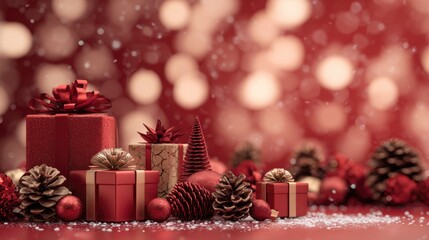 Assorted red gift boxes with ribbons among baubles and bokeh background. Christmas and New Year concept. Design for shopping ads, advertisement or banner with copy space for text.