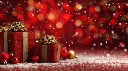 Assorted red gift boxes with ribbons among baubles and bokeh background. Christmas and New Year concept. Design for shopping ads, advertisement or banner with copy space for text.