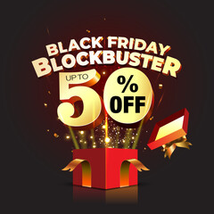 Fototapeta premium Black Friday sale, 50% off blockbuster offer. Deal, discount, logo unit pop up from open gift box. Vector illustration
