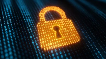 A vibrant digital lock icon illuminated on a binary background, symbolizing cybersecurity and data protection in the digital era. - Powered by Adobe