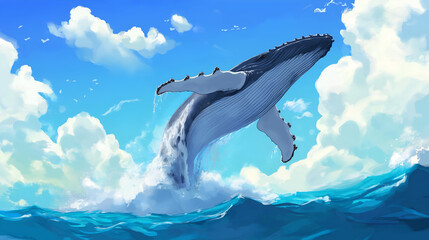 A spectacular humpback whale leaps from the ocean, captured mid-breach against the serene backdrop of mountains and morning sky, showcasing the power and grace of marine life.