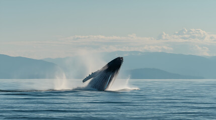 A spectacular humpback whale leaps from the ocean, captured mid-breach against the serene backdrop of mountains and morning sky, showcasing the power and grace of marine life.