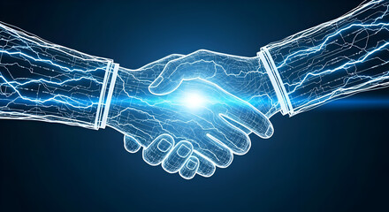 Dynamic handshake symbolizes powerful connection and technological collaboration in futuristic blue design for impactful business solutions
