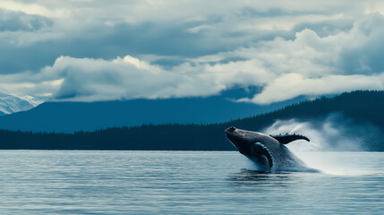 A spectacular humpback whale leaps from the ocean, captured mid-breach against the serene backdrop of mountains and morning sky, showcasing the power and grace of marine life.
