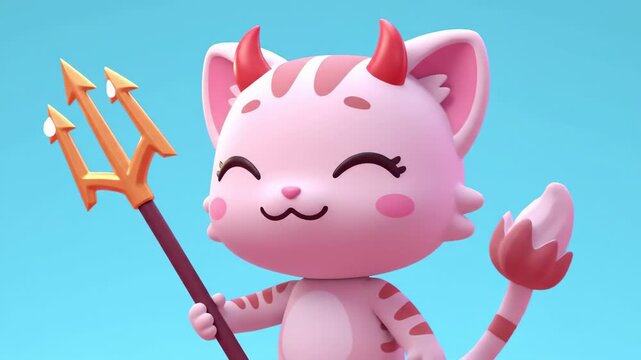 Adorable 3D pink devil cat character with a mischievous smile, proudly holding a golden trident. Perfect for playful Halloween designs, cute villain concepts, or whimsical digital art projects