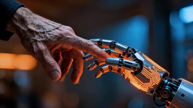 Human hand gently touches robotic hand, connection between humanity and artificial intelligence. Technology evolution, human and AI. Hands of robot and human touch. Robotics technology concept