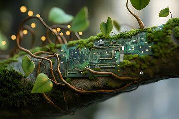 Futuristic concept of a computer circuit board merged with natural vines and leaves, symbolizing eco-technology, sustainability, and innovation.