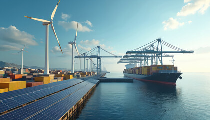 Eco-friendly port generates clean energy. Wind turbines and solar panels power shipping. Container ship at dock. Green tech improves transport. Sustainable logistics uses renewable resources.