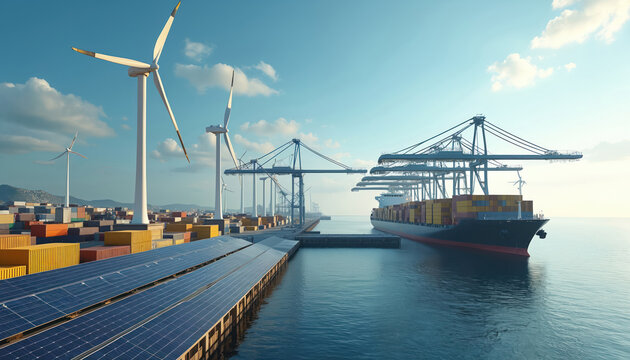 Eco-friendly port generates clean energy. Wind turbines and solar panels power shipping. Container ship at dock. Green tech improves transport. Sustainable logistics uses renewable resources.