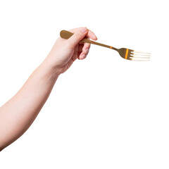 isolated of a woman's hand holding a golden fork.