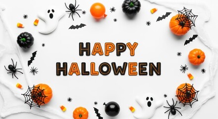 Happy halloween text with pumpkins, spiders, bats