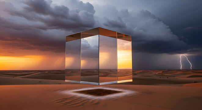 Stunning desert landscape reflecting in modern glass cube under dramatic sky with lightning strikes, capturing surreal beauty and environmental contrast