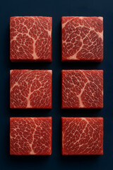 six Hanwoobeef premium Korean beef on Blue Background	
