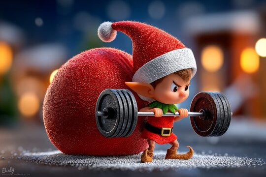 Elfo divertido levantando pesas mientras se prepara para la Navidad y el A&ntilde;o Nuevo