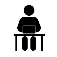 Black vector pictogram of a person working on a laptop at a desk, symbolizing office job, remote work, digital learning, and professional business tasks.