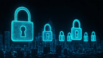 Futuristic digital locks glowing in a cityscape, symbolizing cybersecurity and data protection. - Powered by Adobe