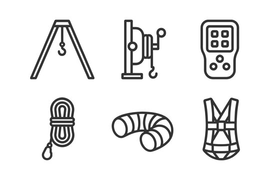 Set of six climbing equipment icons featuring harness, rope, and ascender tools.