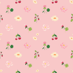 Cute seamless pattern featuring red cherries, strawberries, white daisies, and colorful small flowers on a soft pastel pink background. Perfect for textile, packaging, or summer-themed design.