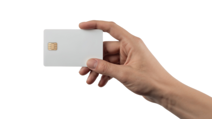 Hand holding white credit card isolated on transparent background