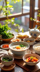 Warm congee breakfast soft rice porridge egg yolk topping fresh herb garnish side dish variety morning sunlight kitchen cozy wooden table Asian home cooking comfort food