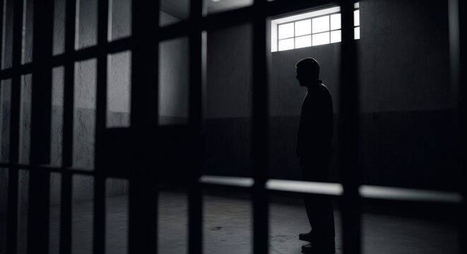 Man stands in dark prison cell with light shining through barred window, representing incarceration and isolation.