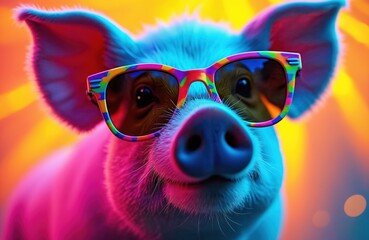 Pig portrait with sunglasses. Funny pig wearing colourful glasses. Animal pig glows with neon light on pink background. Perfect for posters, designs, social media posts with humoristic, cute twist.