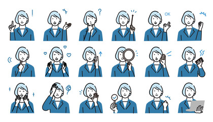 女性の表情ービジネスパーソンの色々なポーズー表現アイコンセットーベクターイラスト素材