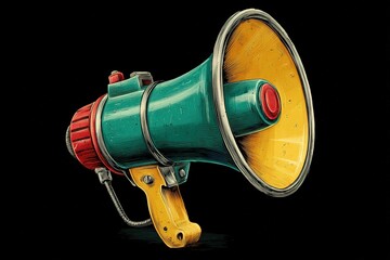 Naklejka premium Colorful megaphone with a vintage design sitting against a dark background ready for announcements or rallies