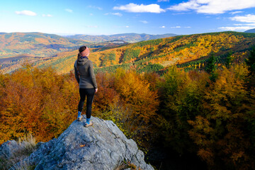 Girl standing on a rock looking at the autumn colorful forest